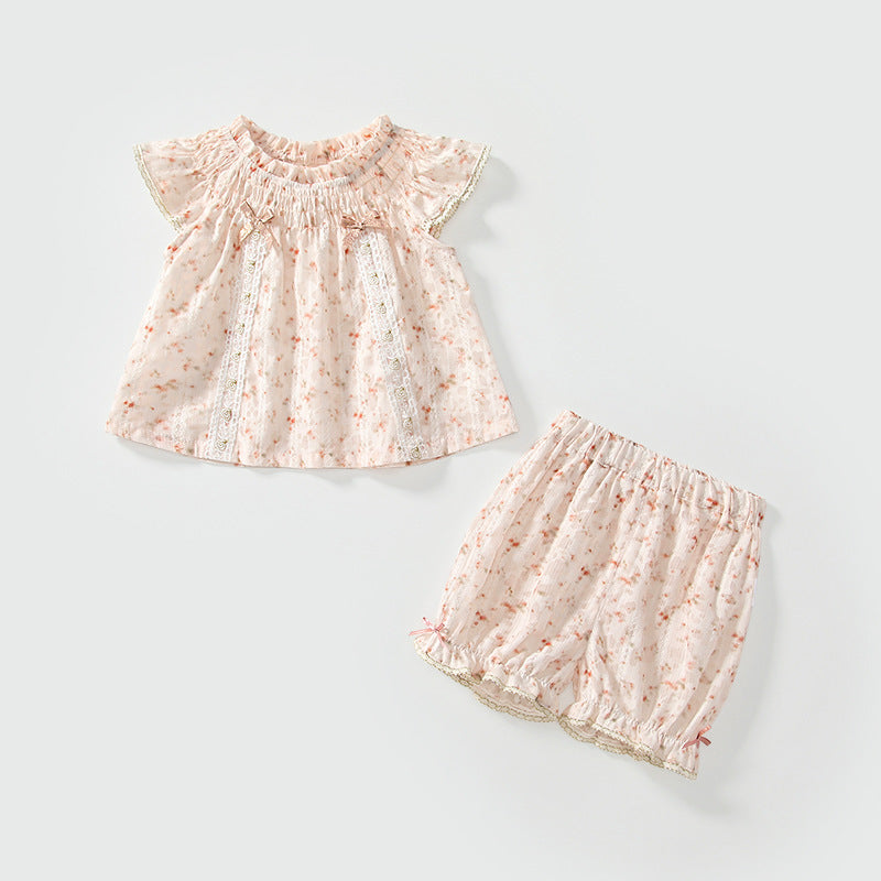 Summer Baby Kids Flowers Pattern Fly Sleeves Top Dress and Shorts Clothing Set for Girls-0