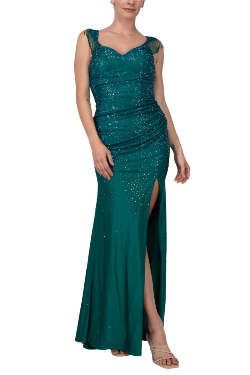Colors Dress Long Crystal Off The Shoulder Fringe Slit Gown-1