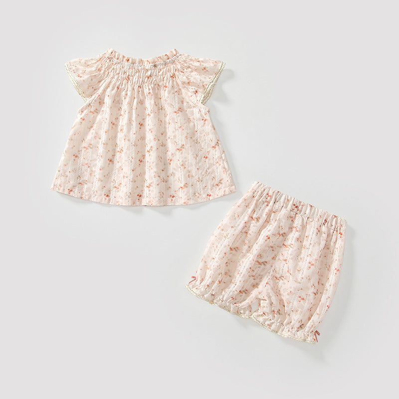 Summer Baby Kids Flowers Pattern Fly Sleeves Top Dress and Shorts Clothing Set for Girls-1