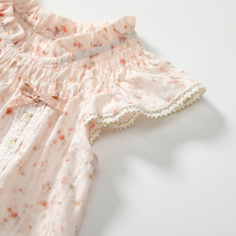 Summer Baby Kids Flowers Pattern Fly Sleeves Top Dress and Shorts Clothing Set for Girls-2