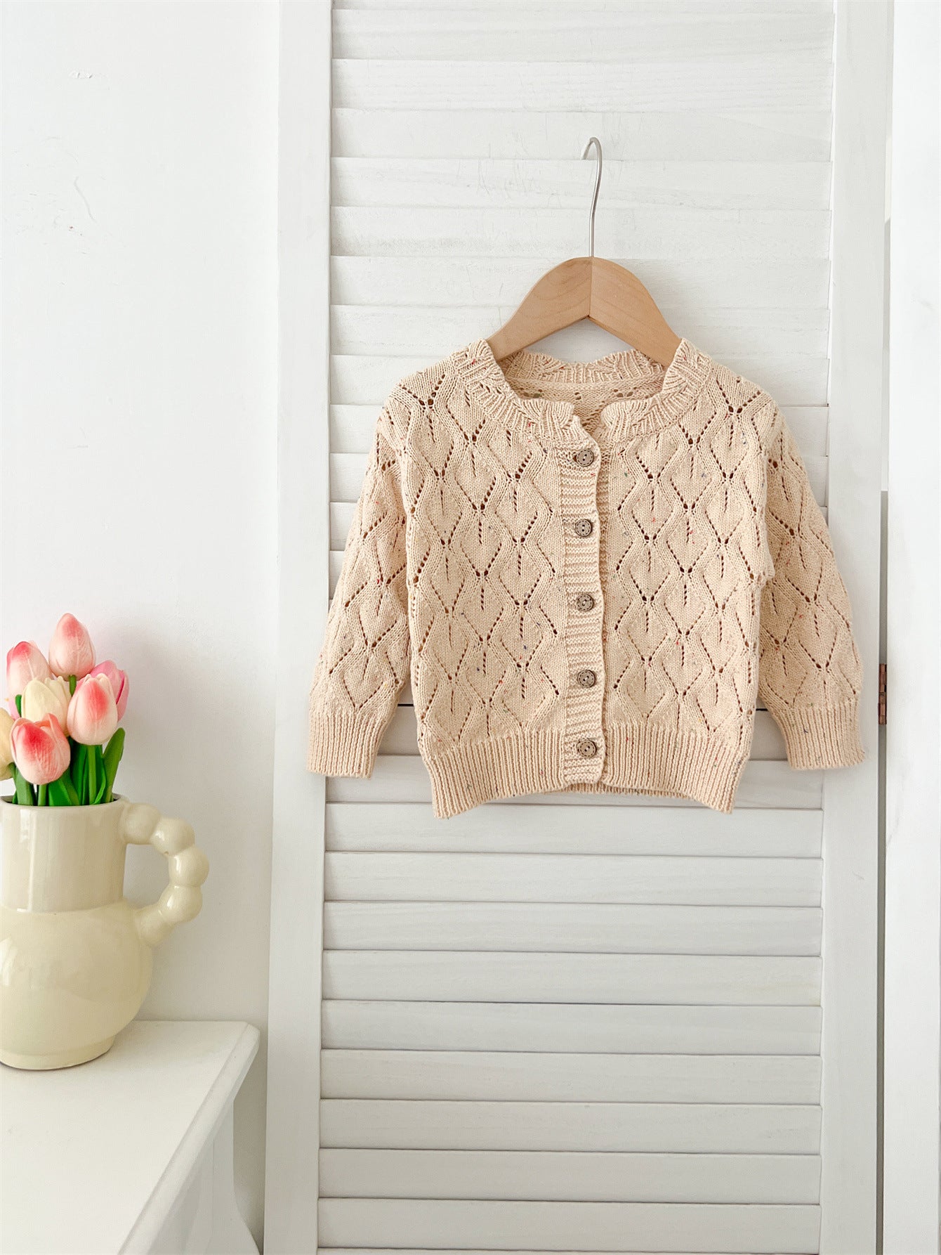 Autumn Arrival Baby Kids Girls Comfortable Hollow-out Argyle Knitted Long Sleeves Cardigan-4