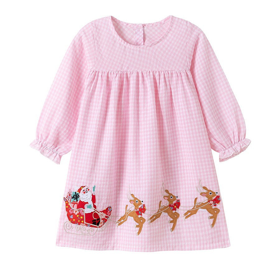 Autumn Arrival Cartoon Animals Christmas Pattern Long Sleeves Crew Neck Dress for Stylish Girls-0