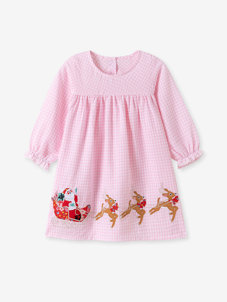 Autumn Arrival Cartoon Animals Christmas Pattern Long Sleeves Crew Neck Dress for Stylish Girls-4