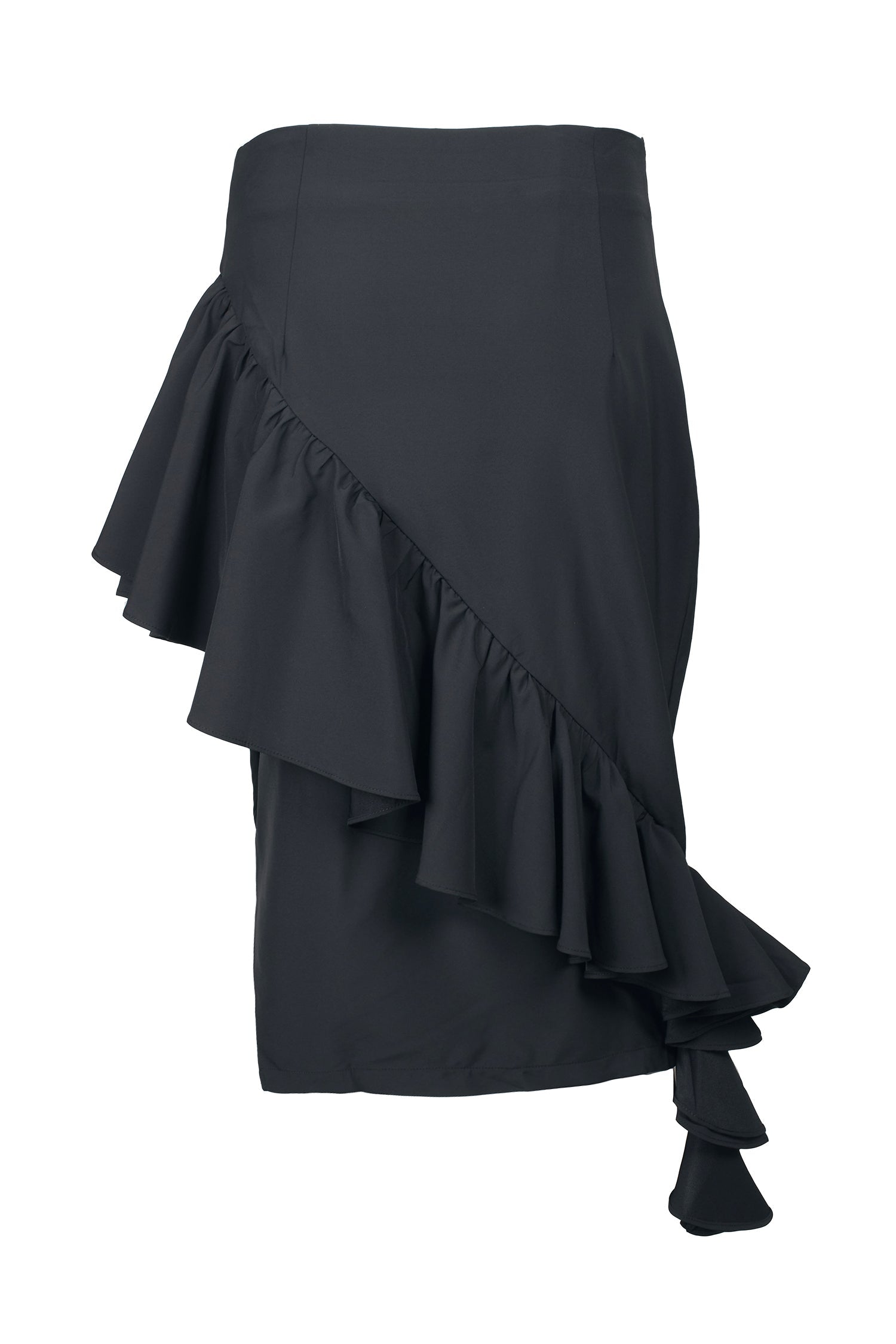 Why Dress Mid Waist Ruffled Zipper Side Solid Crepe Skirt-2