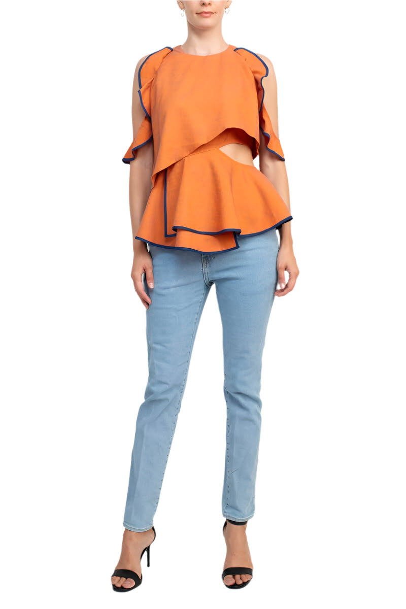 WHY Dress Crew Neck Ruffled Sleeveless Zipper Back Piping Detail Popover Crepe Top-4